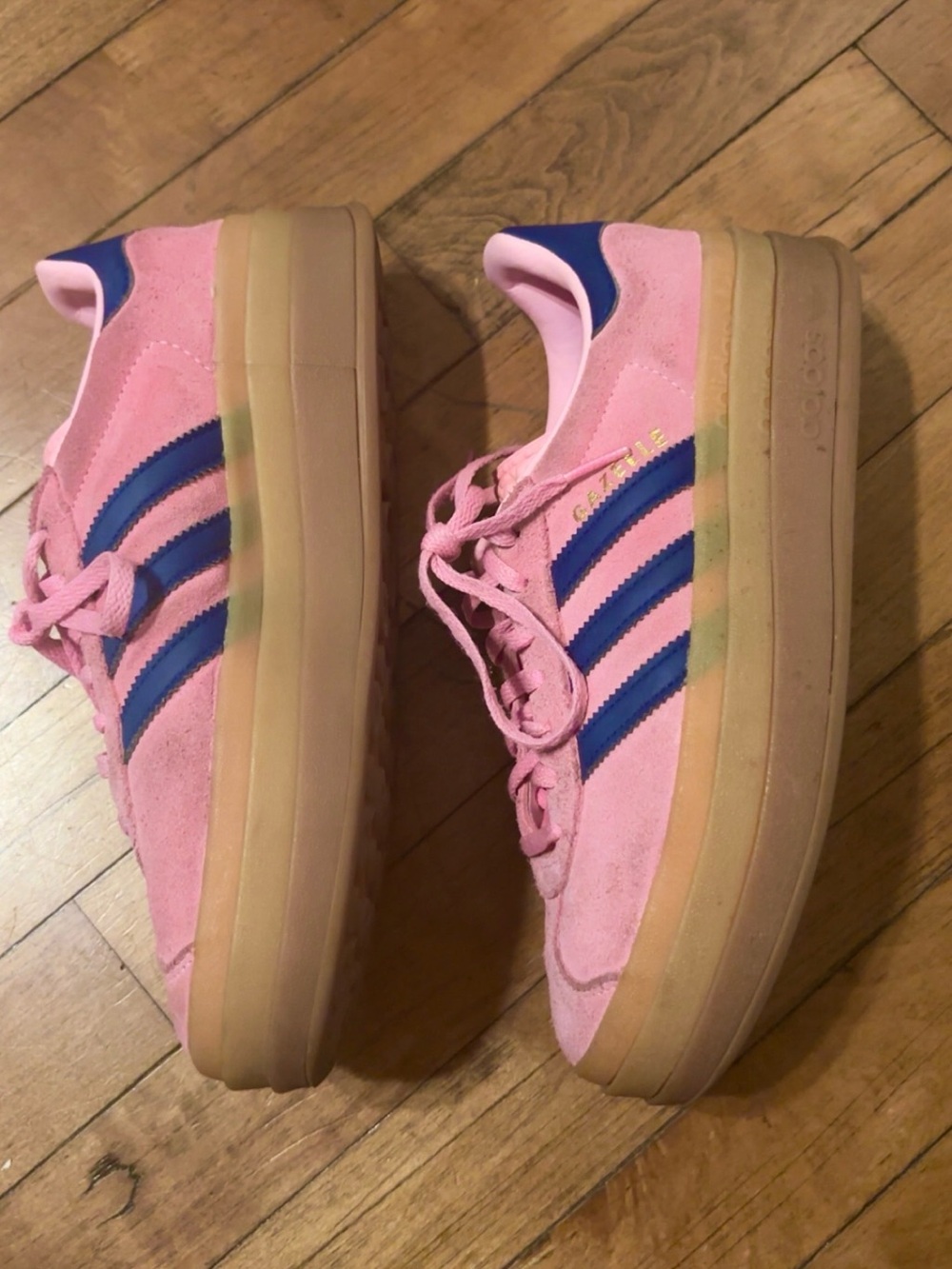 adidas gazelle Pink Suede Platform Sneakers with Blue Stripes and Gum Sole